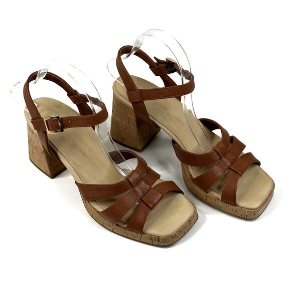 Paul Green Tina Cognac Leather Cork Heel Sandals Women's US 9.5 UK 7 Slingback - Picture 1 of 10